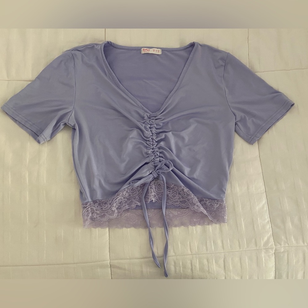 Lavender Satin Ruched Lace Blouse
